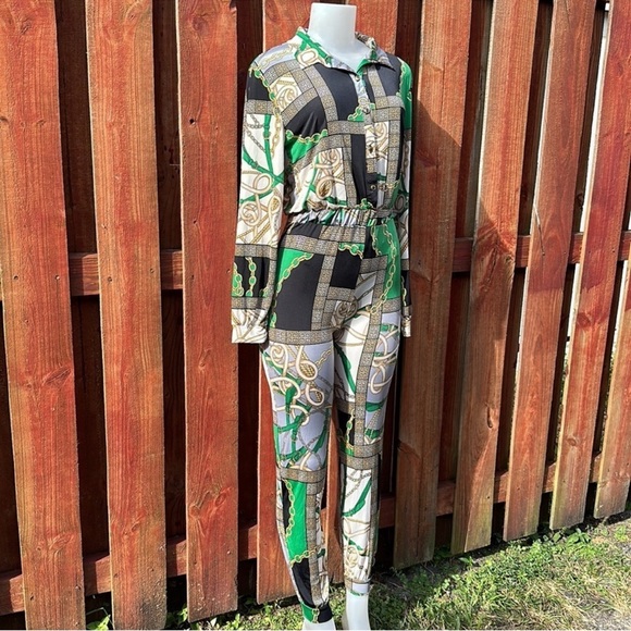 Fashion Queen Stylish Green and Black Patterned Women's Jumpsuit Size M - Picture 2 of 13